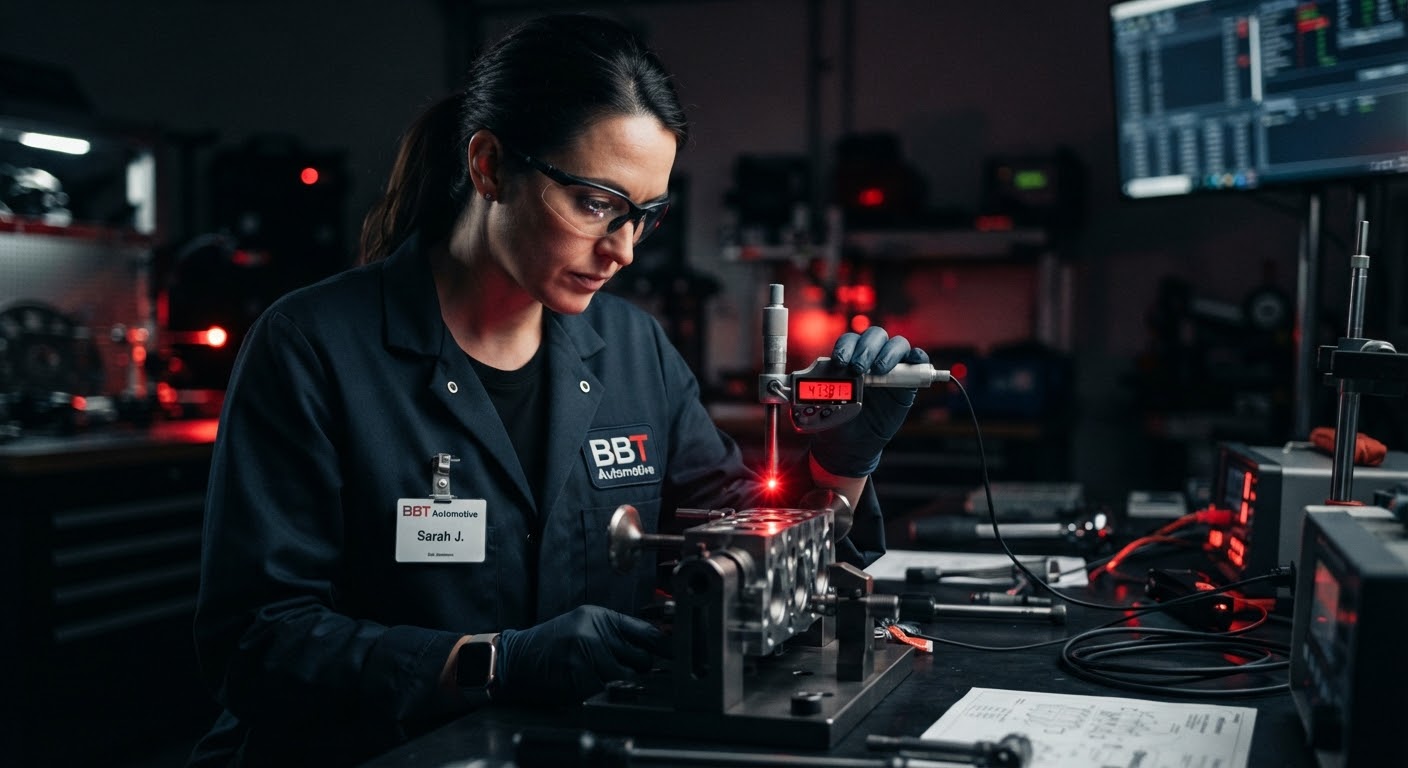Lead engineer inspecting an engine component