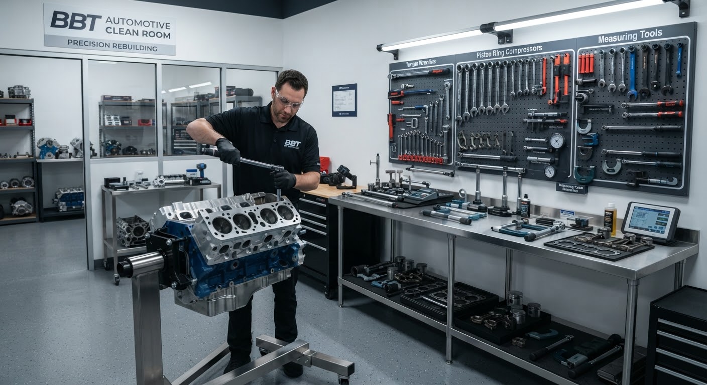 Clean engine assembly area with precision tools